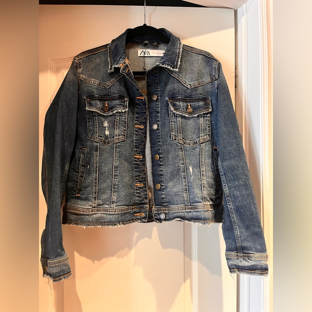 Zara Distressed Dark Blue Denim Jacket
